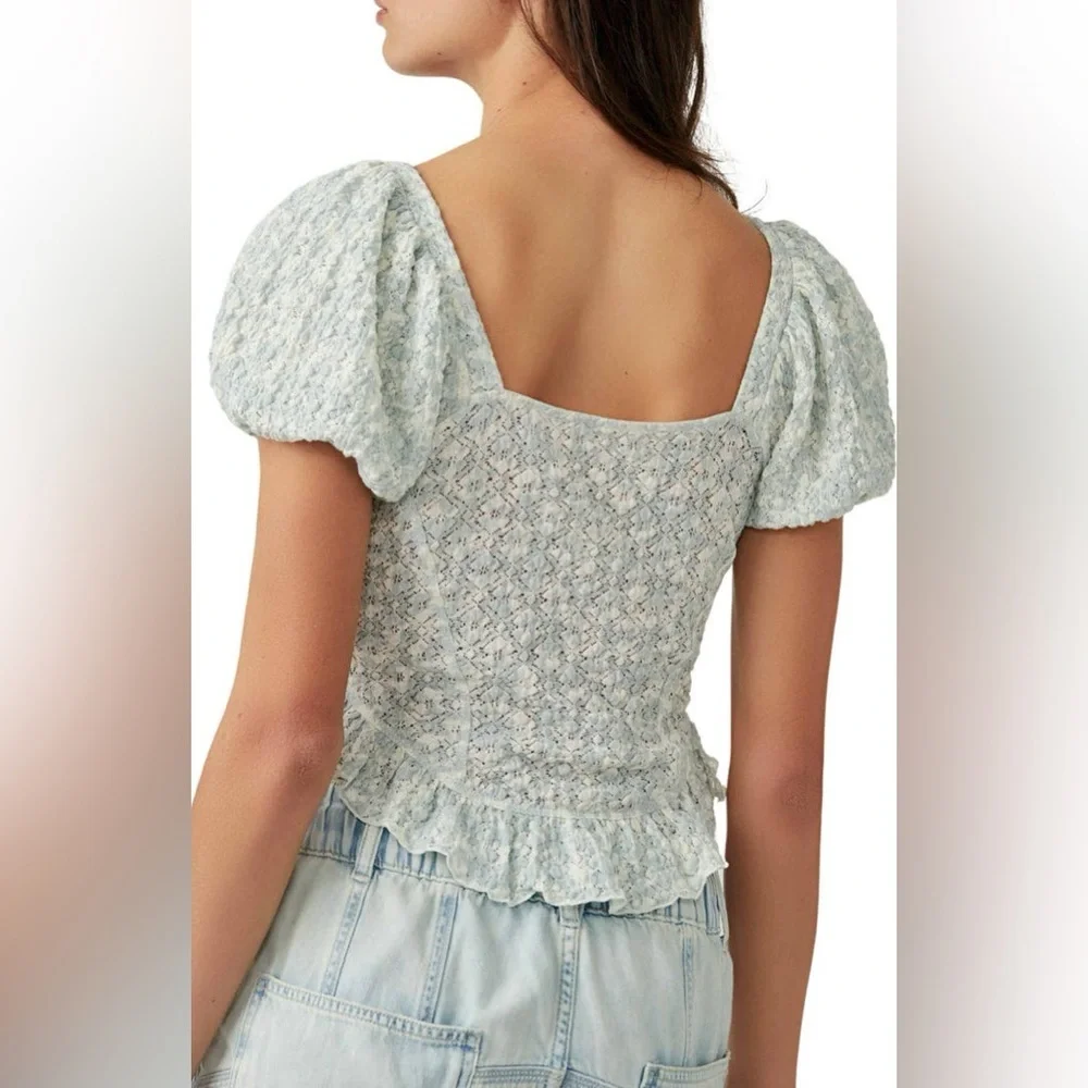 Free People Lace Puff Sleeve Blouse in Soft Blue